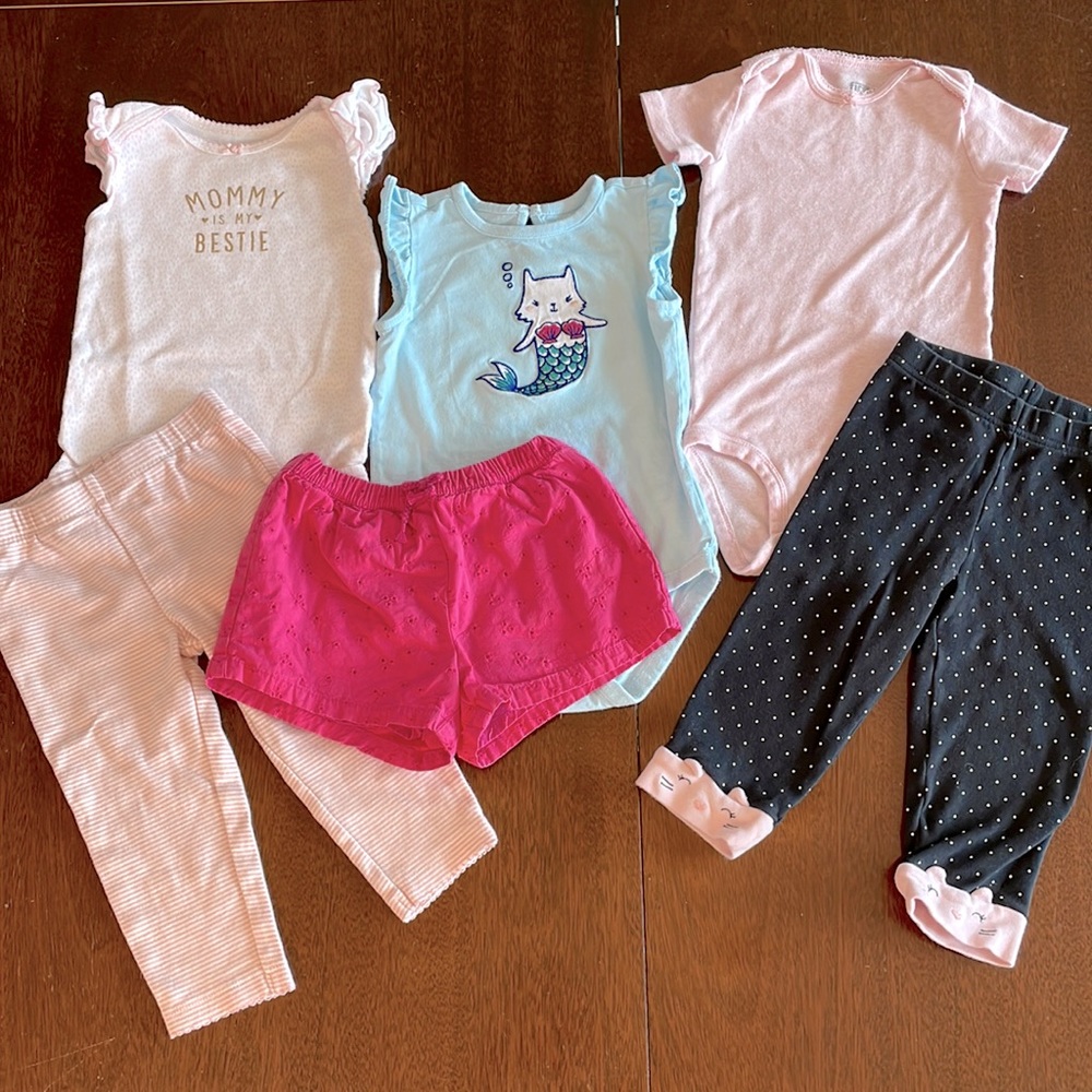 18 month 6 piece bundle lot onesies shirts pants cute pink black girl baby cat